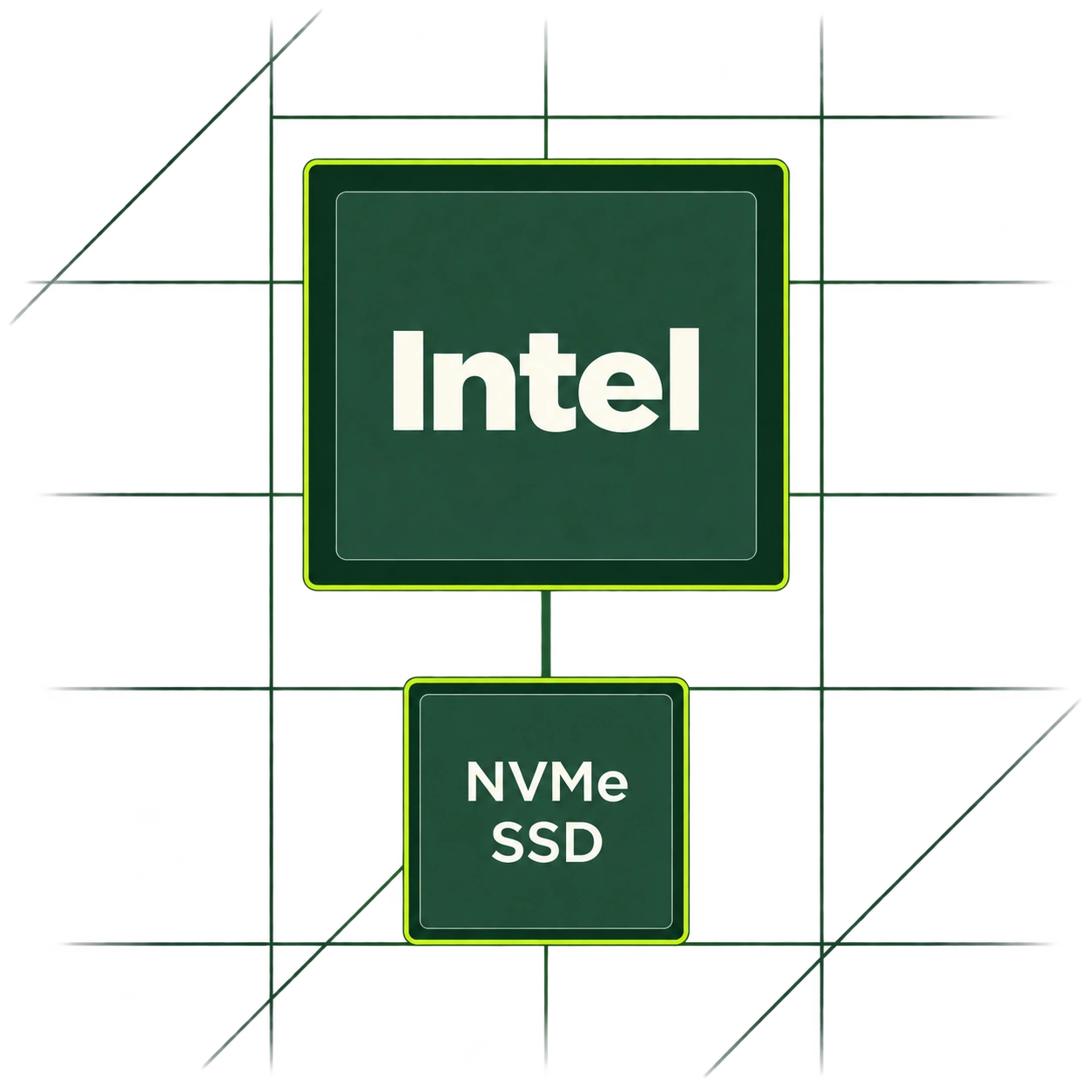 A large Intel block connected vertically to a smaller NVMe SSD block